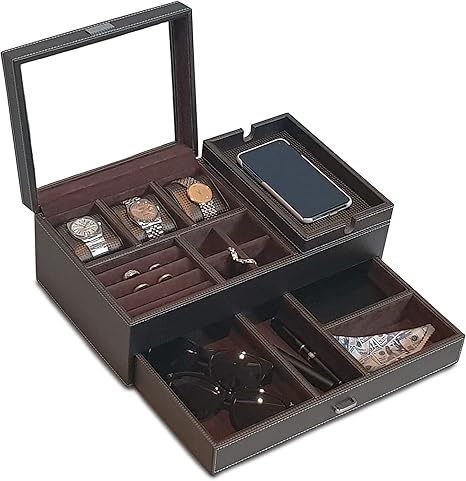 インテリア Jiadel メンズ バレットトレイ オーガナイザー ドッキングステーション付き Puレザーキャッチオールトレイ カーボンファイバー 収納ボックス 腕時計 ゴールドブラウン アッシュカラー店 イドテーブ