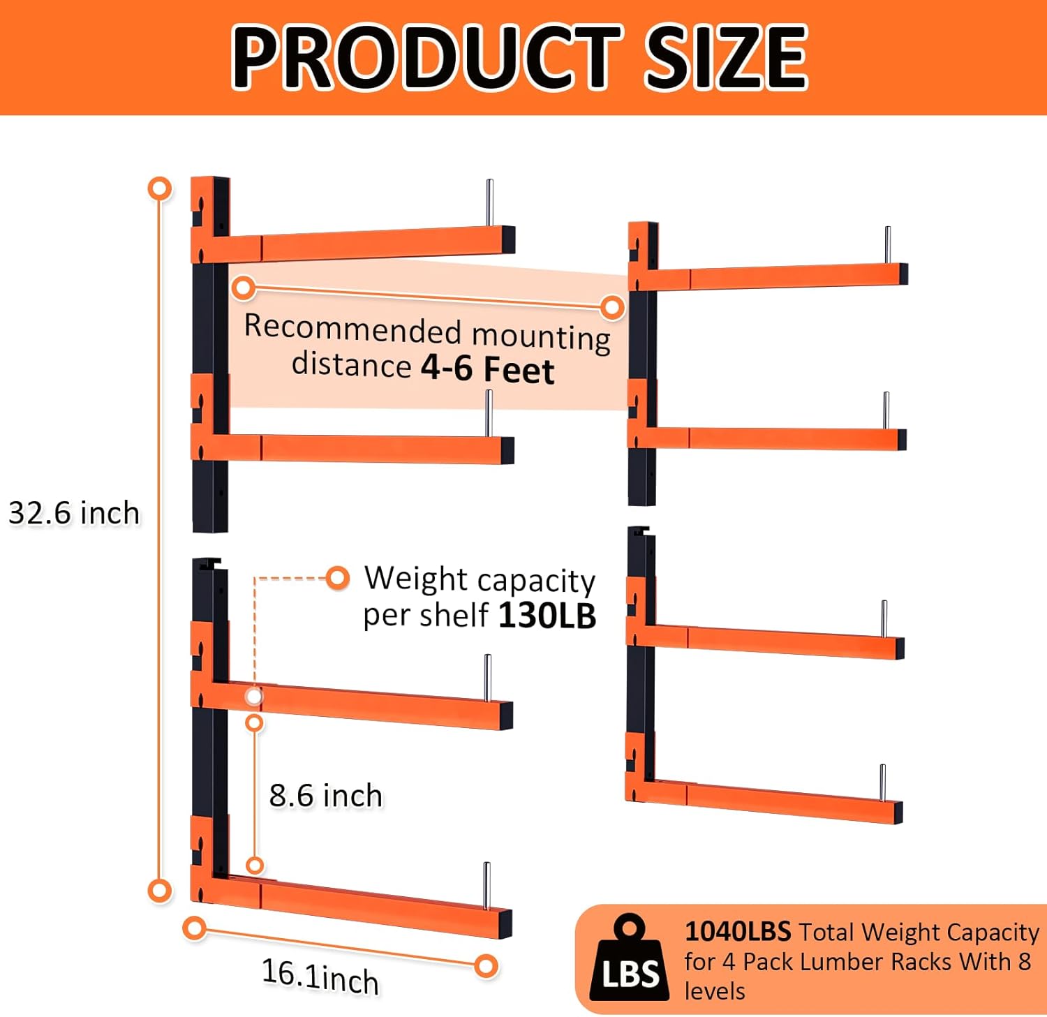 4 Pack Lumber Storage Rack, Wall Mount Removable Lumber Rack with 4-Level Holds Up 1040 Lbs, Heavy Duty Metal Garage Wood Organizer for Workshop, Basement, Indoor and Outdoor (4 Pack-8 Level)