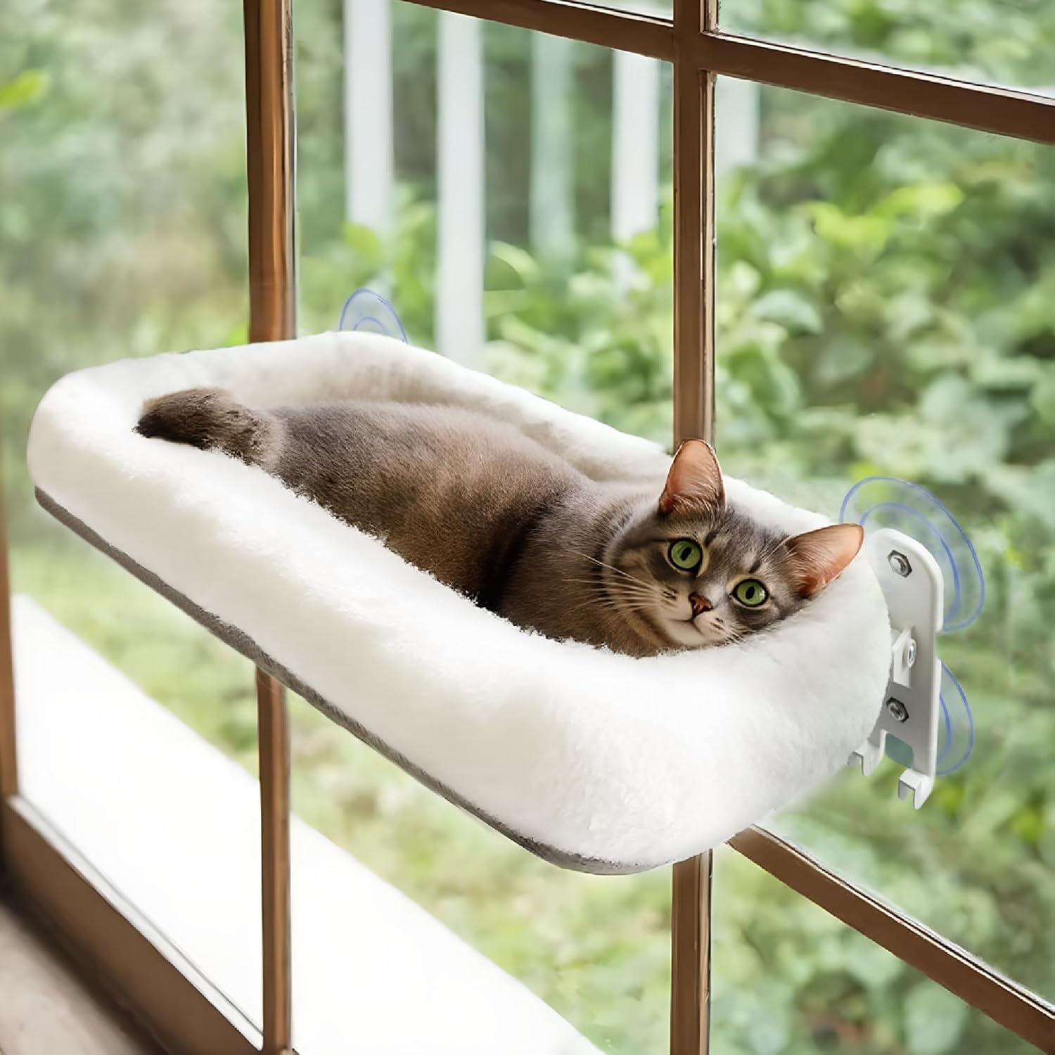 Cordless Cat Window Perch, Foldable Cat Window Hammock, 4 Strong Suction Cups, Solid Metal Frame, Patented Hook Design (Cushion White L)