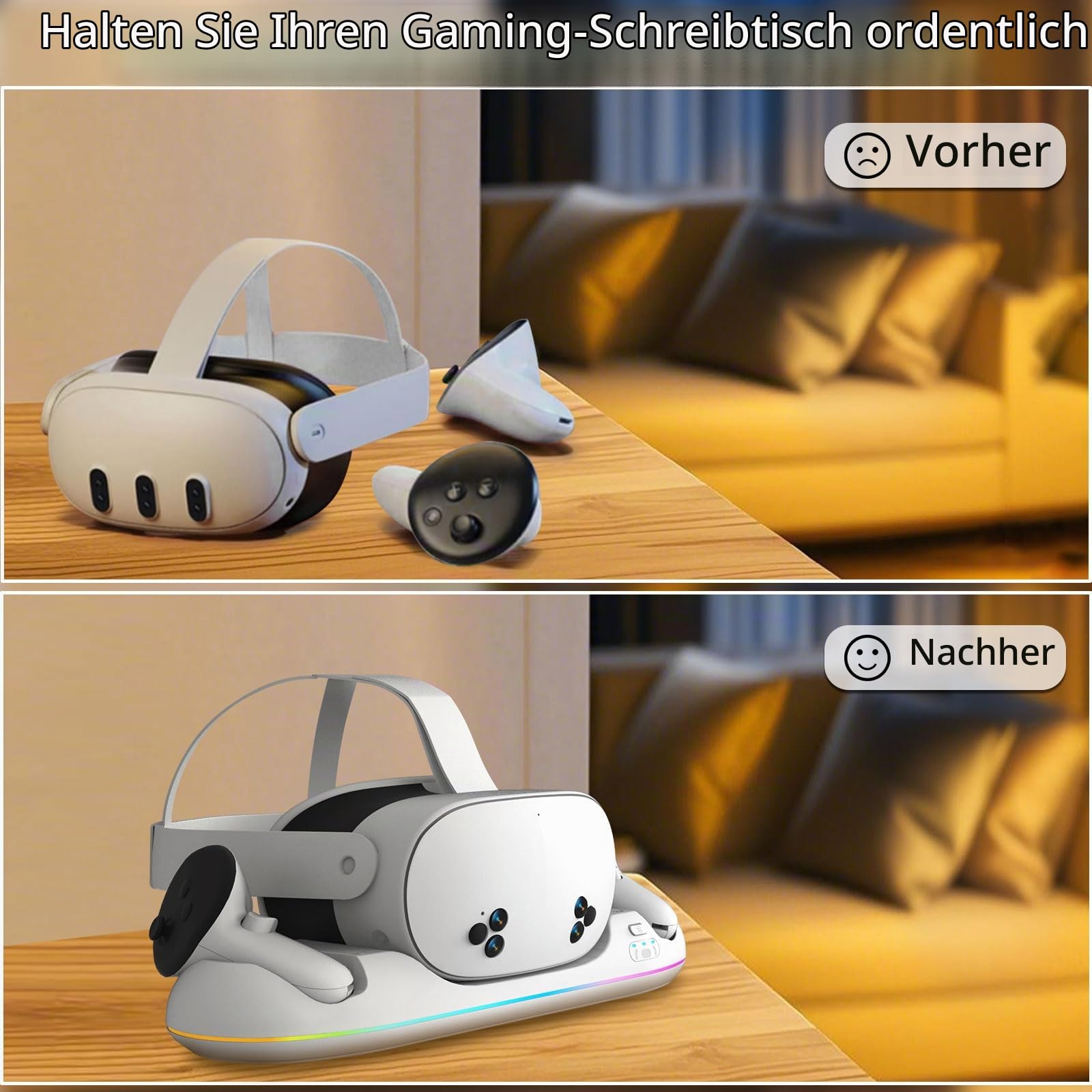 Ladestation für Meta Quest 3/3S/2, Magnetische VR-Station mit Schnellladung, USB-Ausgang, RGB-Beleuchtung, 2 wiederaufladbare 2100mAh-Batterien, Zubehör für Oculus Quest Headset und Controller