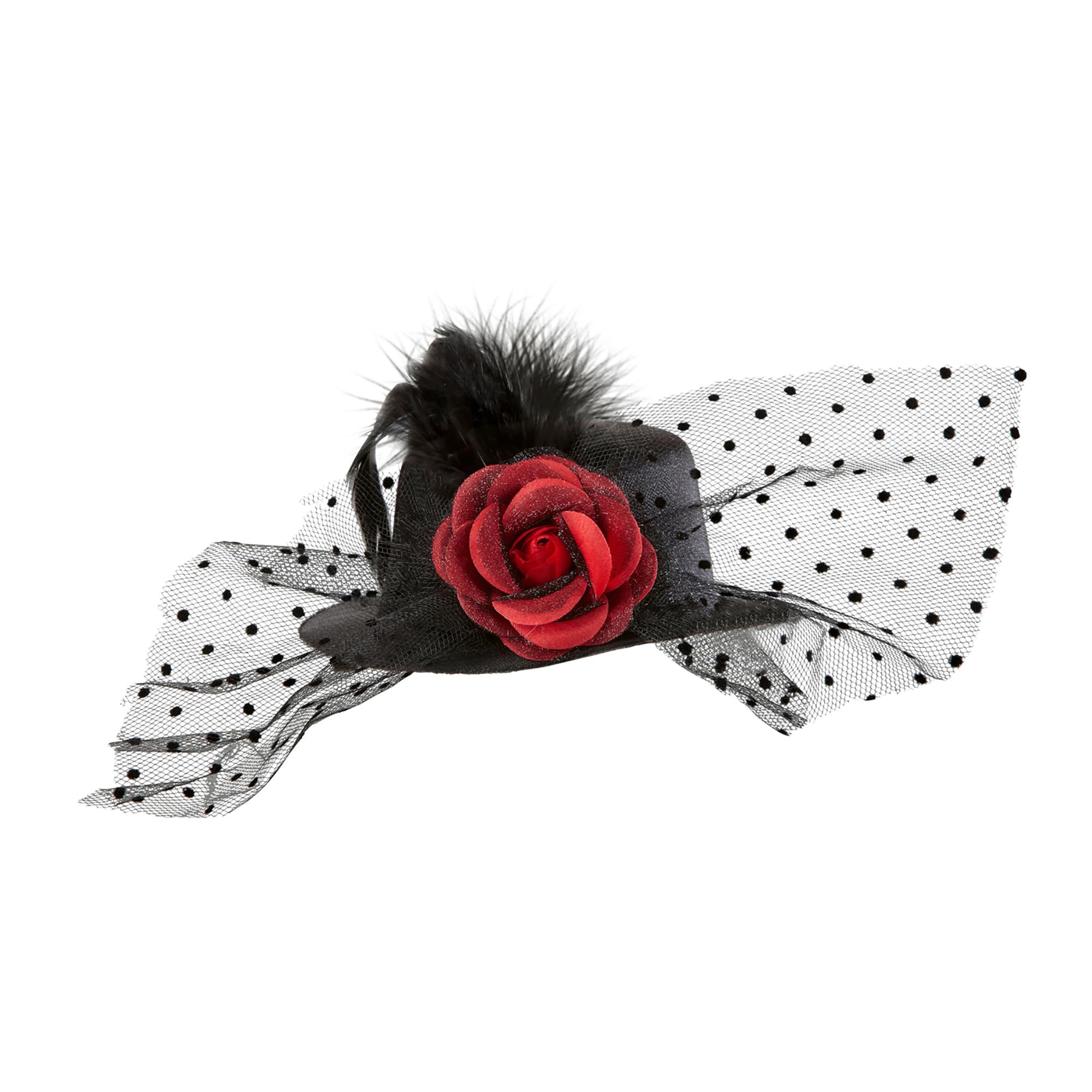 Black Mini Top with Rose Tulle & Feathers Felt Top Hats Caps & Headwear for Fancy Dress Costumes Accessory
