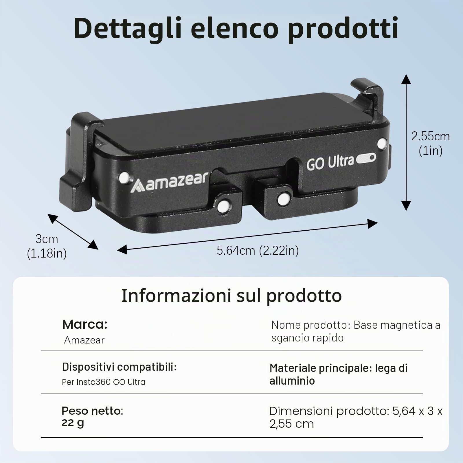AMAZEAR Adattatore magnetico a sgancio rapido per fotocamera Insta360 GO Ultra, supporto base in lega di alluminio con filettatura da 6,35 mm per treppiede, bastone selfie, impugnatura, nero