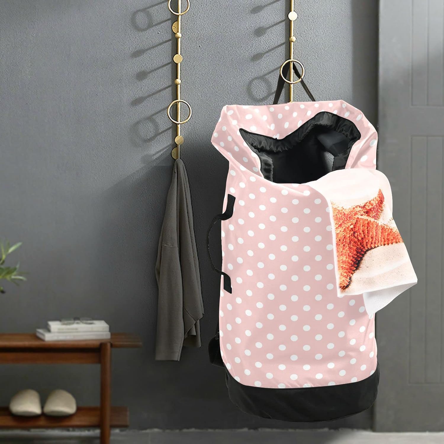 Laundry Backpack Bag Hamper Basket Extra Large Heavy Duty for Dirty Clothes Adjusted Straps for Camp College Dorm Gym Hotel Home 29.3x14.5Inch Polka Dots