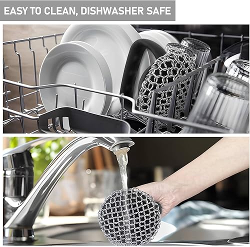 Miniatura 6 de Limpiador de hierro fundido, cepillo de limpieza de cadena con asa, anillo pequeño redondo de eslabones de cadena para ollas de hierro fundido,