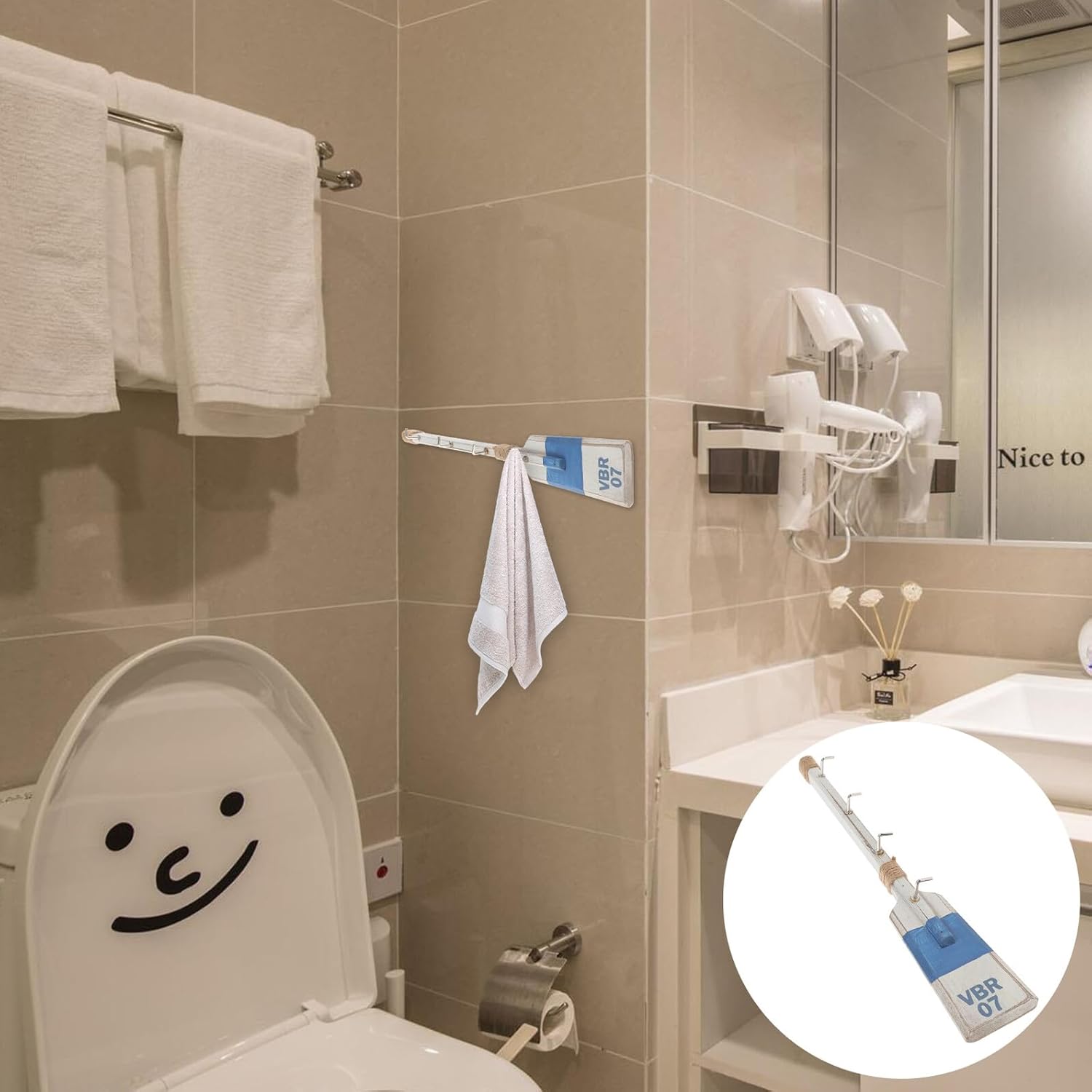 Nautical Decorative Wooden Paddle Wall Hook 40cm Blue Rustic Oar Hanger Coastal Beach House Storage Organizer