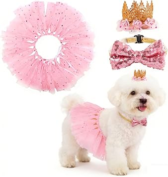 BINGPET Small Dog Wedding Outfit Dress, Dog Cat Tutu Engagement Flower Collar and Crown Veil Set for Girl Dogs, Puppy Wedding Attire Bride Birthday Party Costume for Kittens, Pet Photo Prop, Pink Star