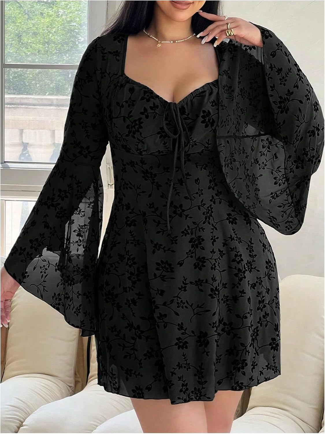 Floerns Women's Plus Size Floral Gothic Dress Flare Long Sleeve Mesh Grunge A Line Dress - Image 5