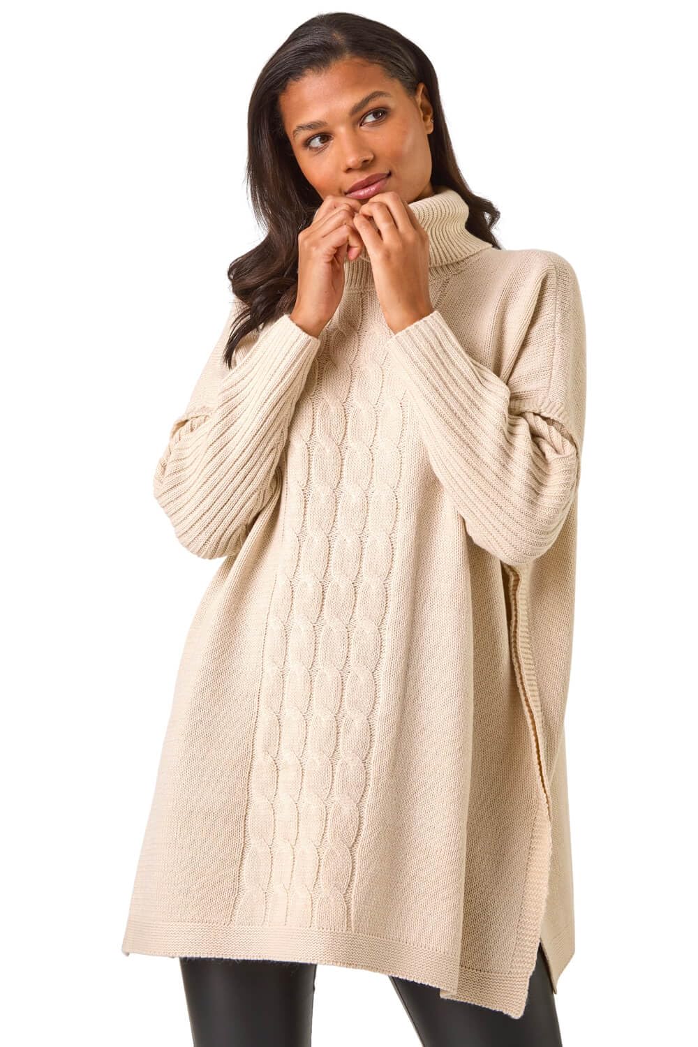 Roman Women's Beige Cable Knit Roll Neck Poncho Jumper In | : Large
