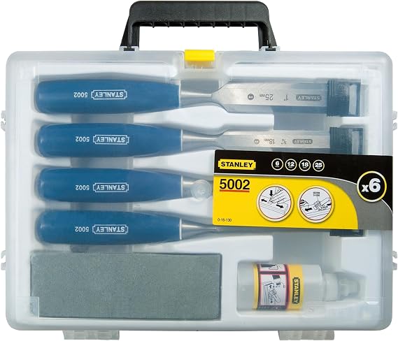 STANLEY 4 Piece Chisel Set Includes 6 12 18 25 mm High Carbon Steel Blade Chisels with Sharpening Stone and Oil 0-16-130