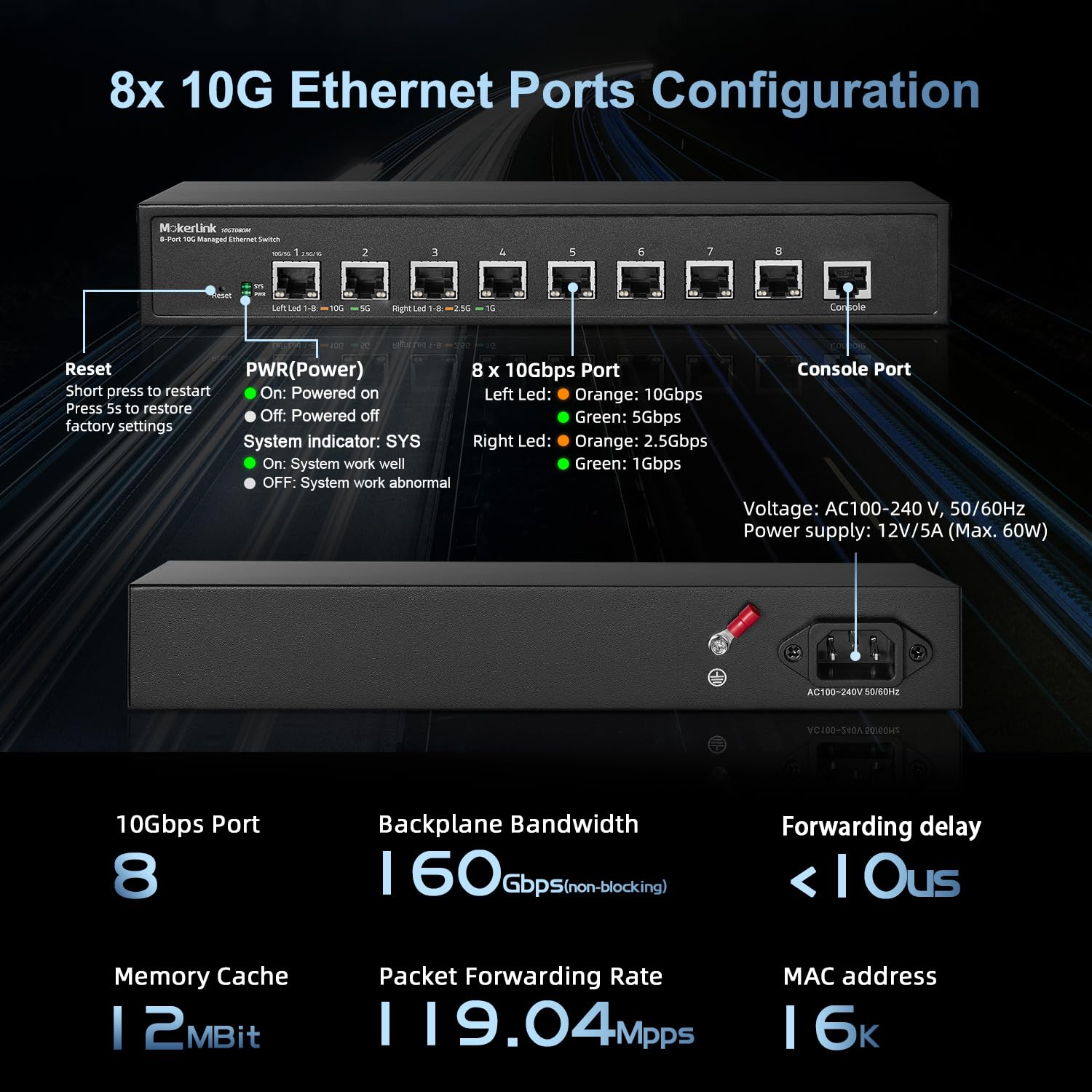 MokerLink Switch Ethernet gestito a 8 porte 10G, 10G/5G/2.5G/1G Auto-adattivo, gestito WEB/CLI L3, desktop in metallo|Switch di rete per montaggio su rack