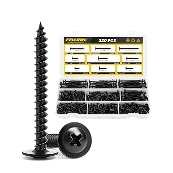 Wood Screws 1-1/2 Inch, 70 PCS and Assortment Kit 220PC FIXLINK Premium Phillips High Hardness Truss Head Black Wood Screws, Self Tapping Electrophoresis Modified Fast Truss Head Wood Screw, Black