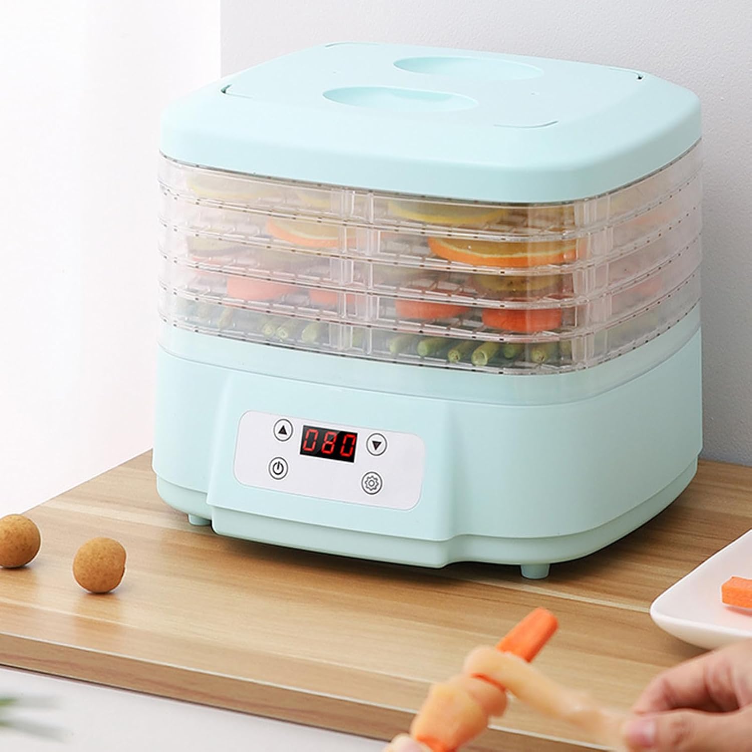 YESBAY Food Dehydrator Machine with 6 clear trays and a light blue base with digital controls.