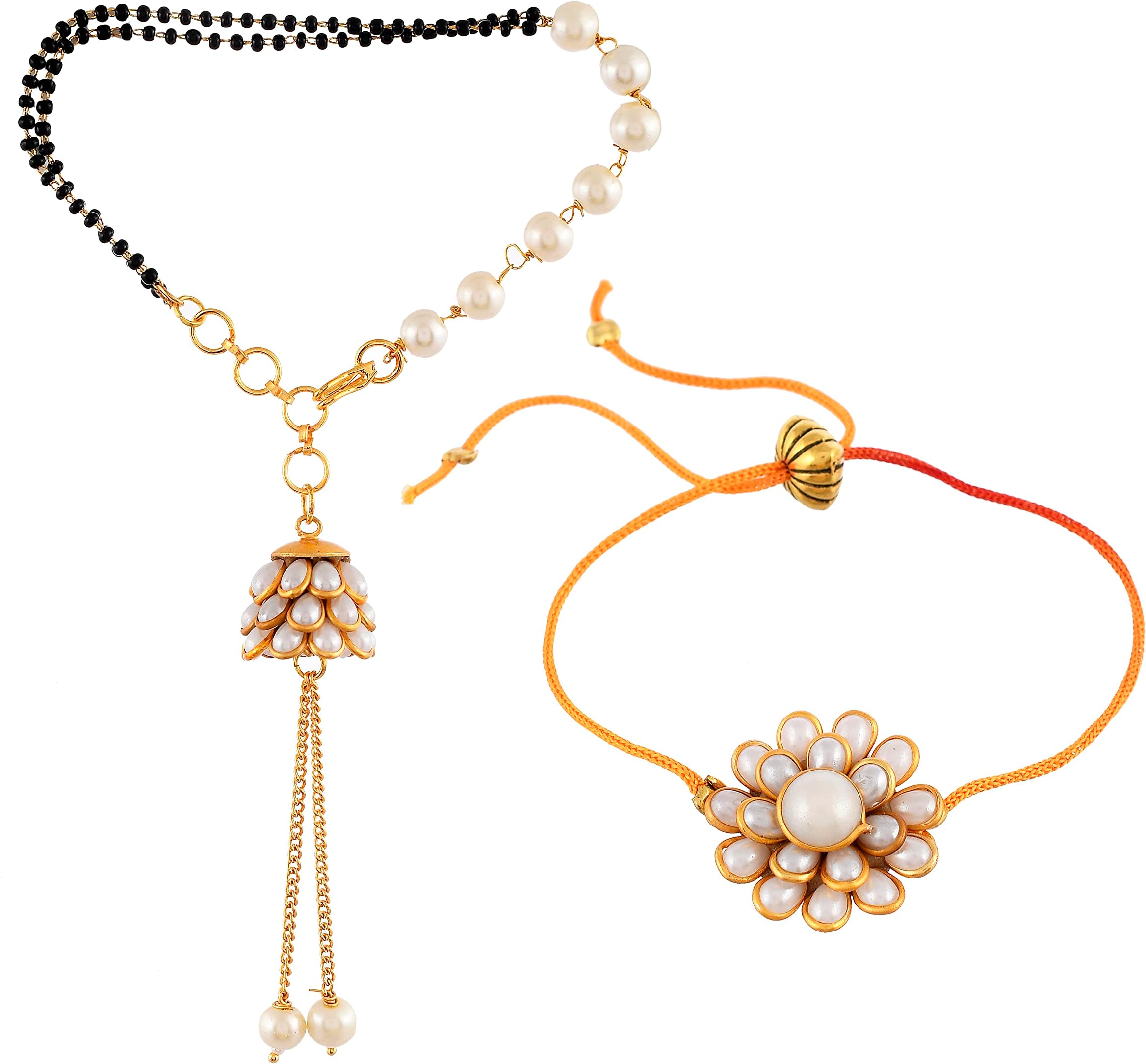AbhaahExquisite Rakhi for Brother and Bhabhi Lumba Floral Rakhi Kundan Bracelet Rakhi for Bhaiya Bhabhi Raksha bandhan Couple Pearl Rakhi Set of 2 Included! (White)