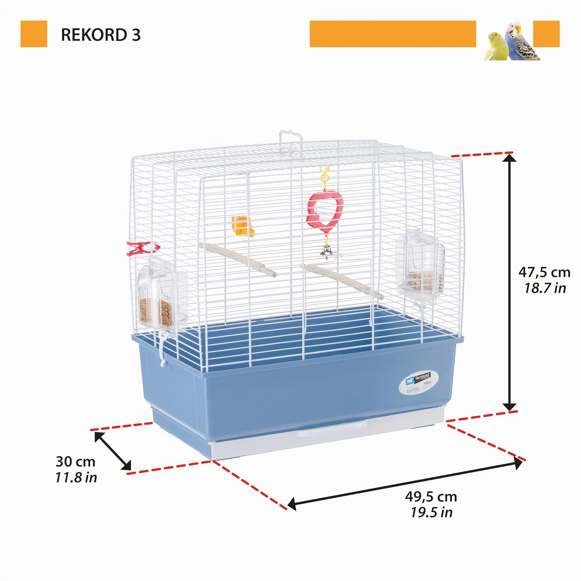 Ferplast Jaula Rectangular para pájaros exóticos y Canarios Rekord 3, con Accesorios y comederos giratorios, Robusto Alambre Pintado Blanco y cubeta de plástico Azul, 49 x 30 x h 48,5 cm