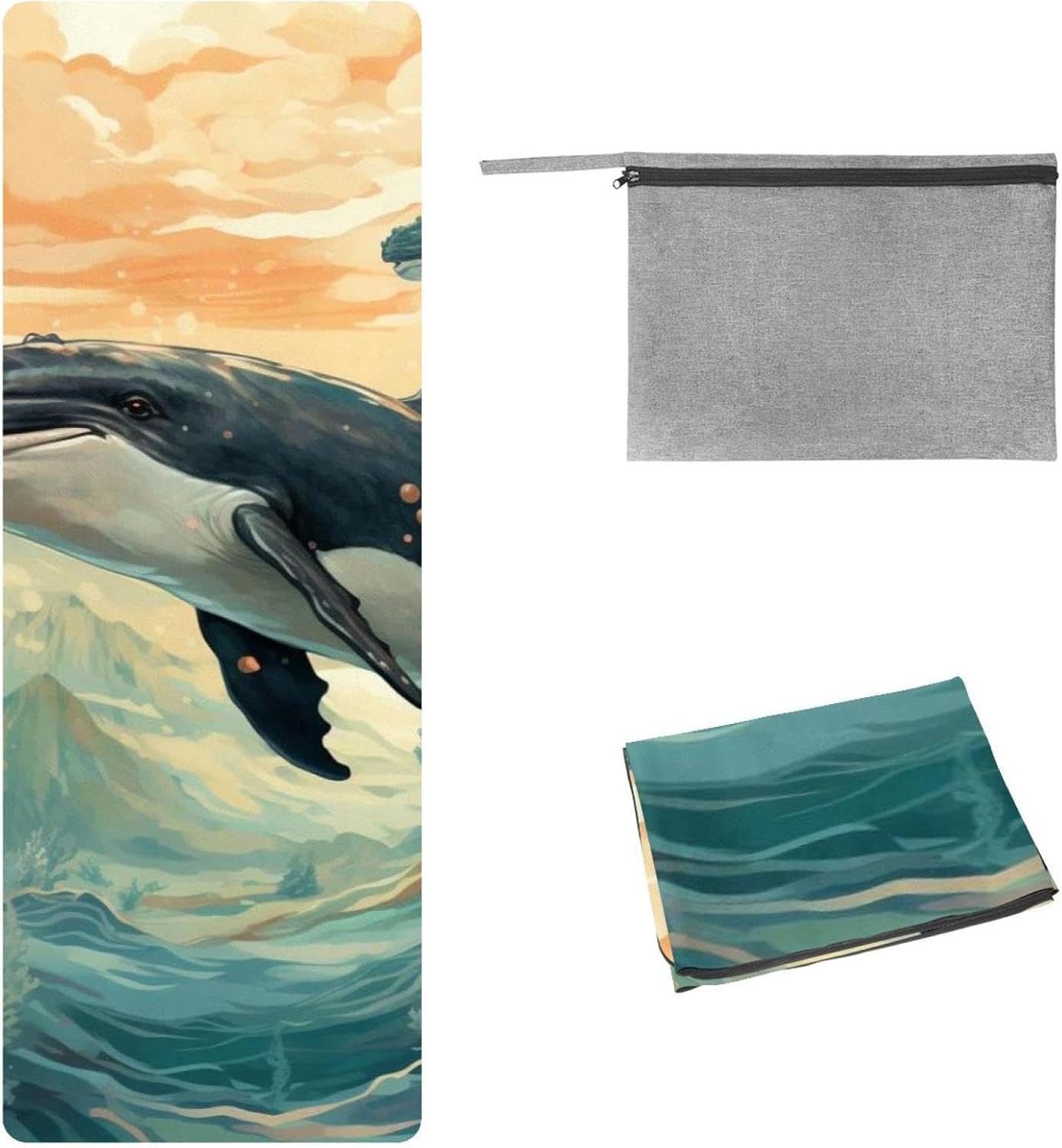 Yoga Towel, Whale Sea Pattern Non Slip Sweat Absorbent Hot Yoga Mat Towel for Hot Yoga, Pilates and Fitness - 72.8" x 26.8"