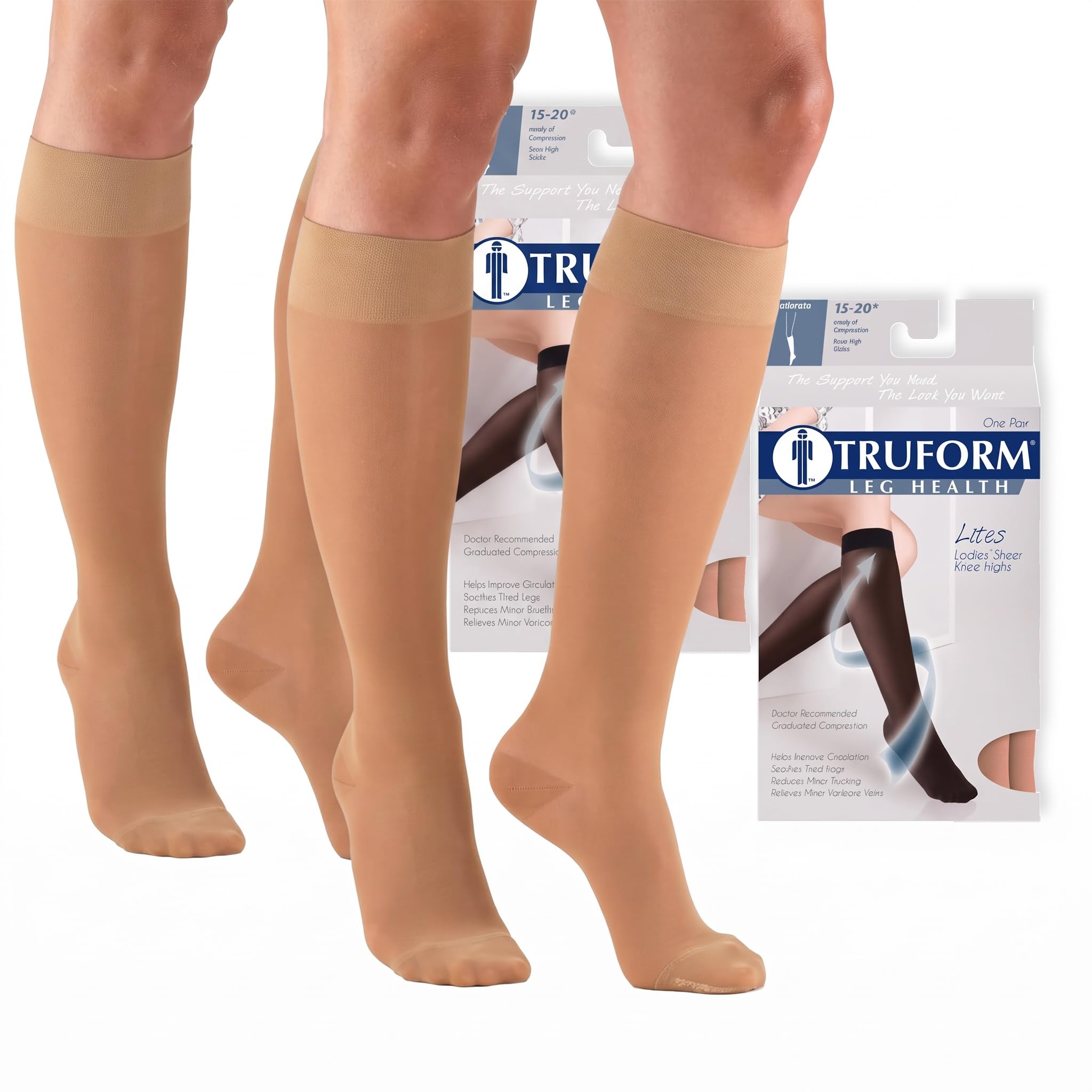Truform Sheer Compression Stockings, 15-20 mmHg, Women's Knee High Length, 20 Denier, Beige, Large (Pack of 2)