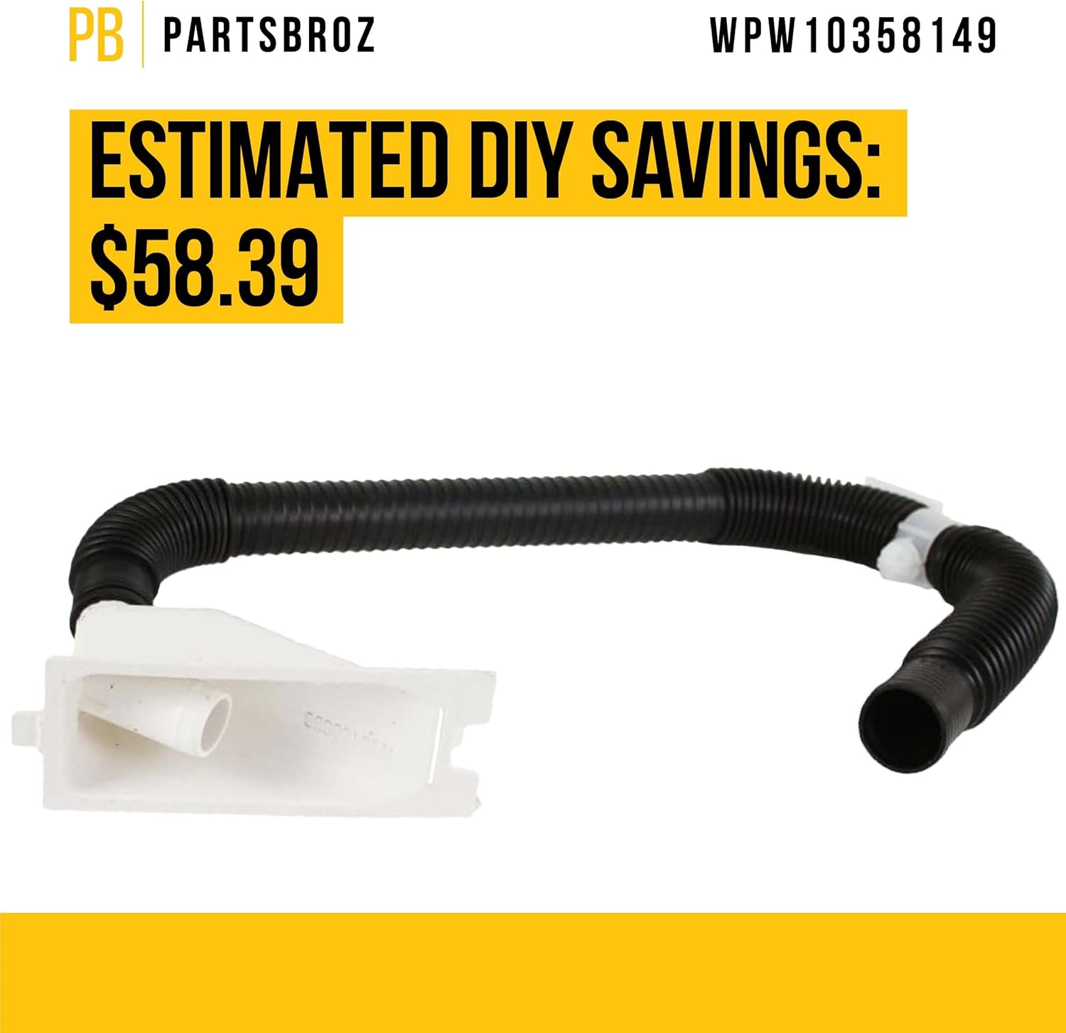 PartsBroz WPW10358149 Internal Drain Hose - Compatible With Whirlpool Kenmore KitchenAid Roper Washer - Replaces AP6020369 WP3976399 W10358149 3976399 2024991 3349018 3355497 3357024 PS11753688