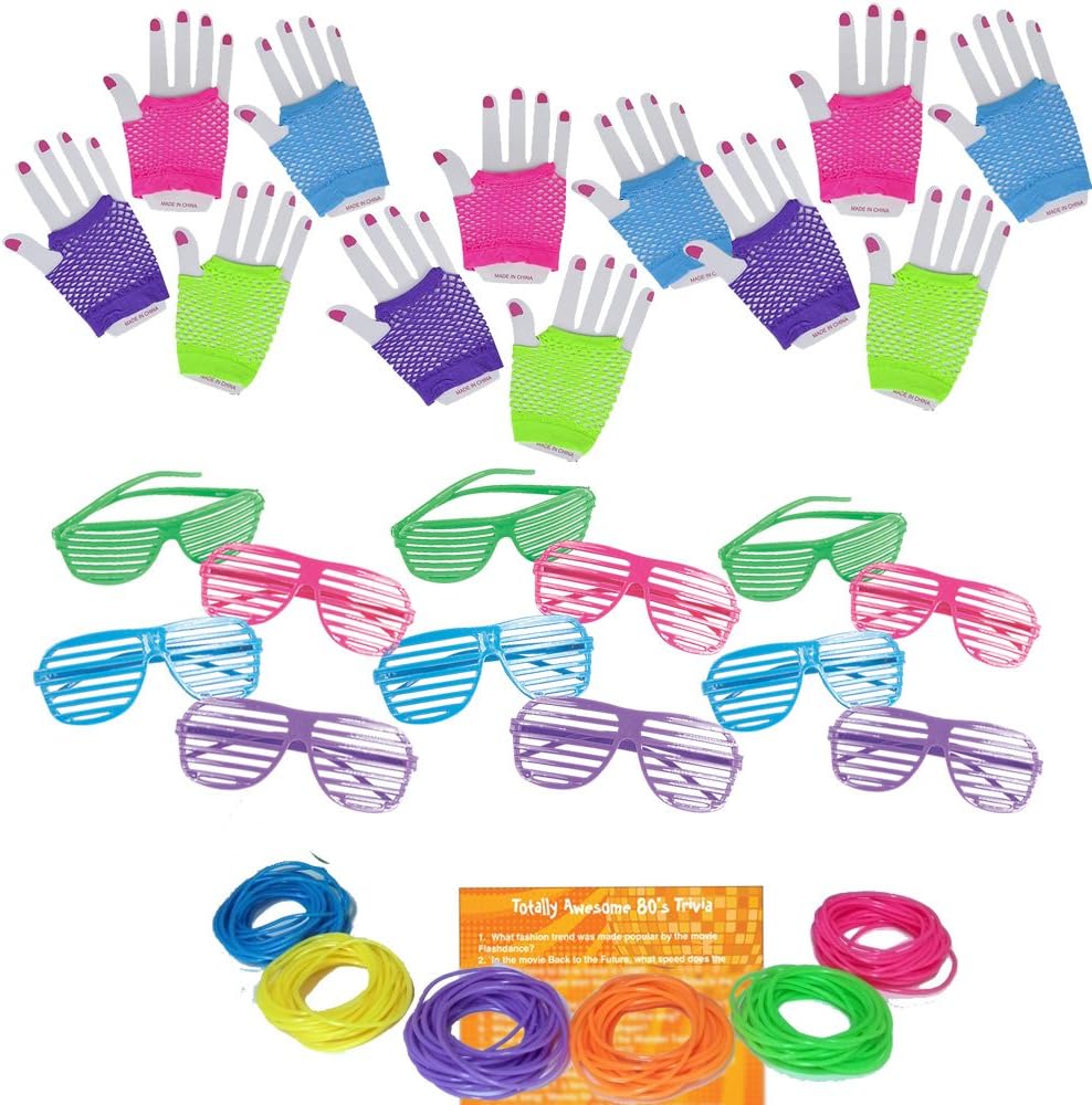 Multiple 80s Rock Star or Pop Dress-Up Set for 12-12 Pairs Fingerless Fishnet Wrist Gloves, 12 Sunglasses, 144 Neon Gel Bracelets and 80s Trivia Questions
