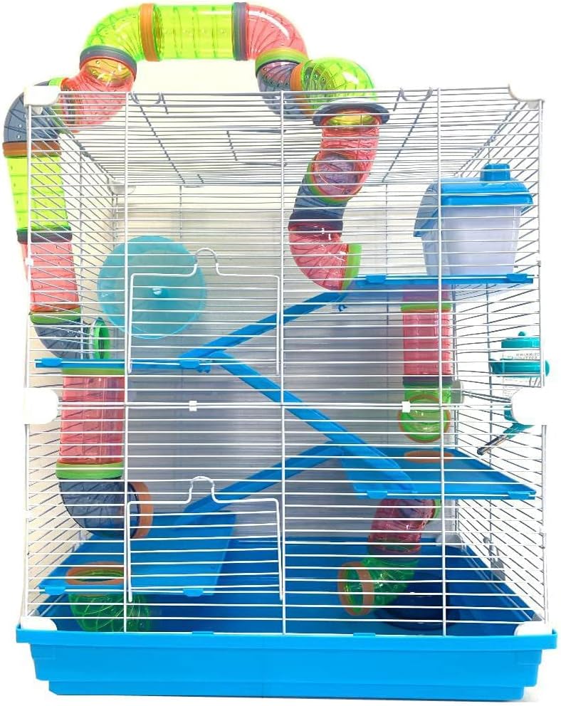 Large 5-Levels Hamster Mansion Gerbil Home Mice Habitat with Corssover Tubes Tunnels with Full Set of Accessories Hide House Exercise Running Wheel Water Bottle Food Dish Deep Base
