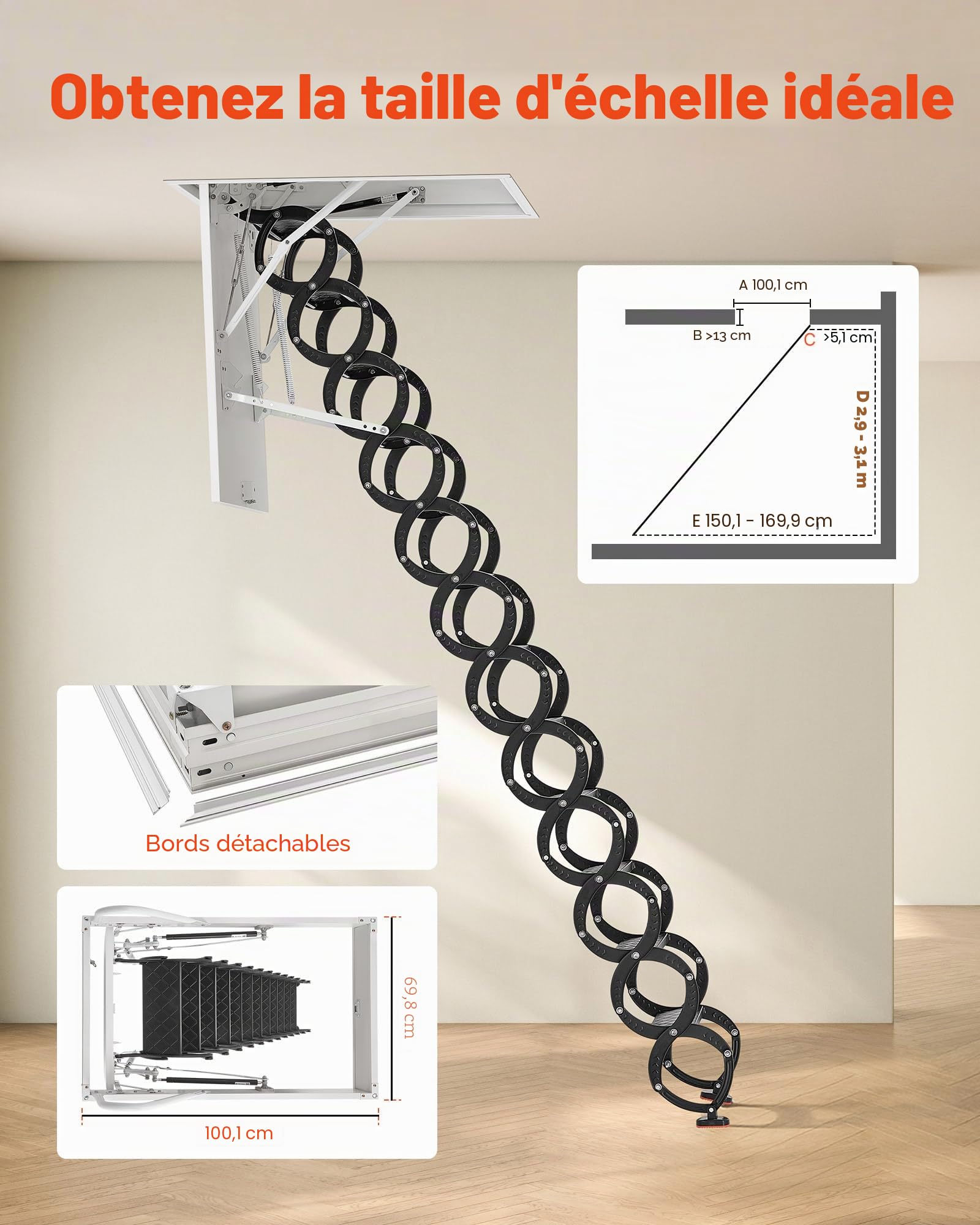 VEVOR Échelle de Grenier, Charge 299,4 kg, Escalier de Grenier Escamotable, Hauteur Installation 2,9-3,1 m, Ouverture 1000,76x698,5 mm, Tige de Traction, Échelle Rétractable Acier pour Accès Greniers