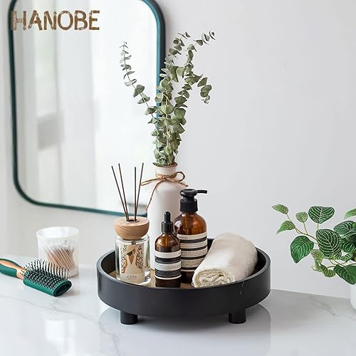 Vista 4 de Hanobe Bandeja decorativa redonda para baño: Bandejas grandes para decoración de tocador para dormitorio, soporte de pedestal circular negro de 12