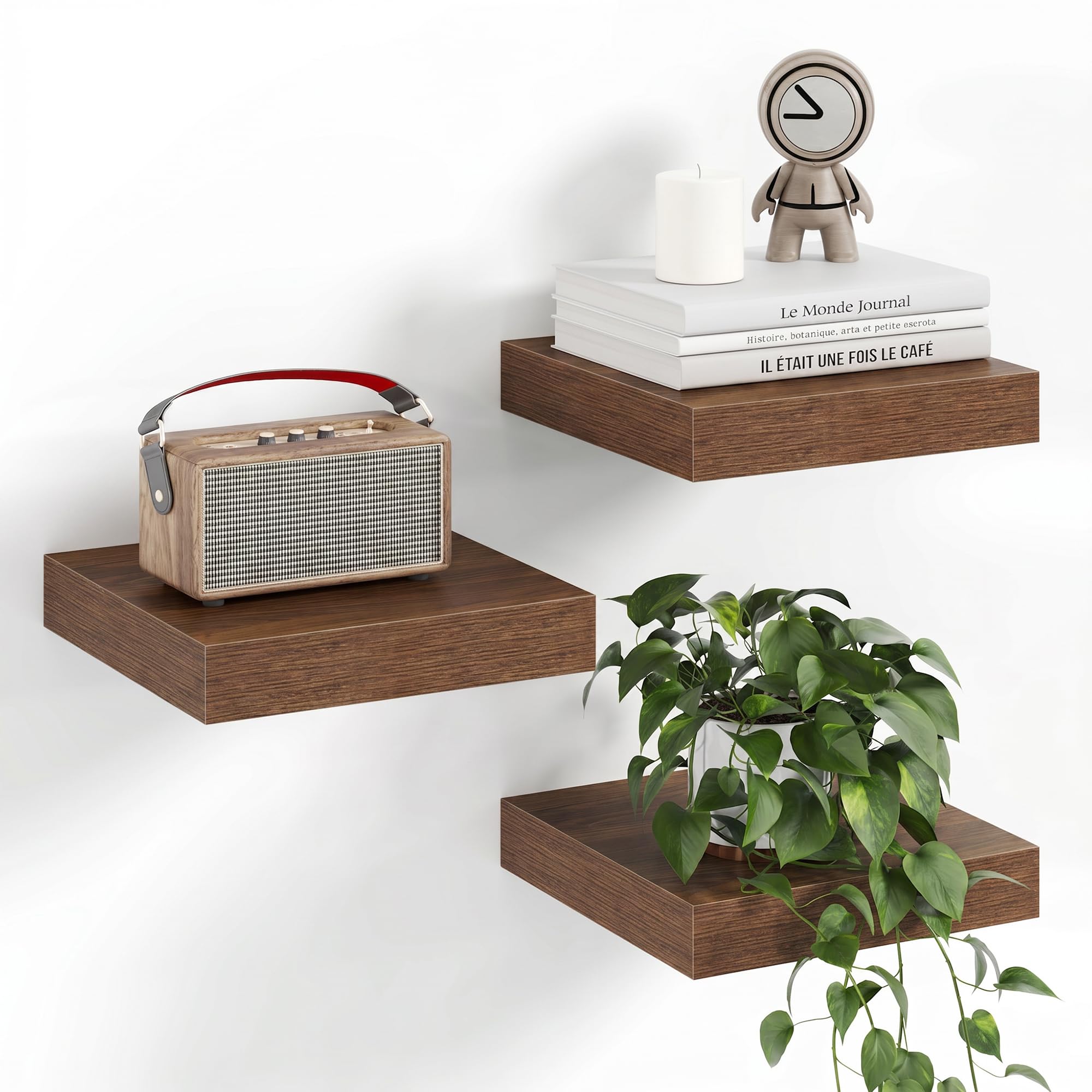 Fun Memories Small Floating Shelves for Wall - 8 Inch Square Wall Shelves with Invisible Brackets, Walnut Shelves for Bathroom, Living Room, Bedroom, and Kitchen Decor, Set of 3