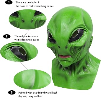 Green Alien Mask Realistic Full Head Alien Mask Halloween Cosplay Adults | One size, adult, creepy monster mask, latex, full head, breathable, wide vision, Halloween costume, carnival, cosplay props