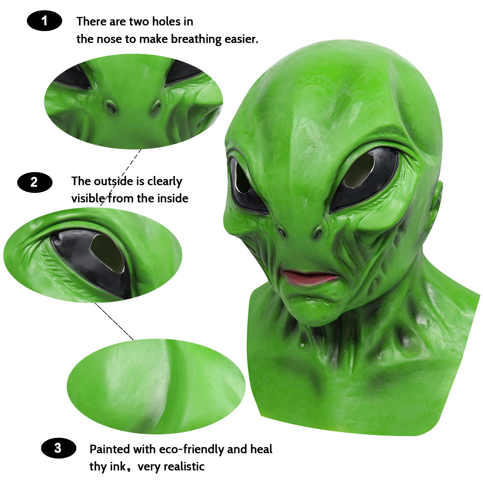 Makoike Alien Mask Halloween Realistic Green Alien Full Head Masks Carnival Halloween Costume Cosplay Latex Props Adults (Green) - Image 3