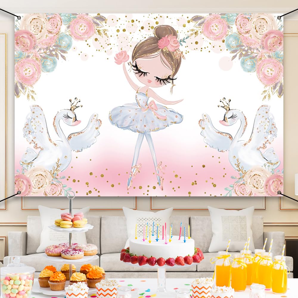 DORCEV Cute Ballet Girl Birthday Party Banner Backdrop for Girls Baby Shower Party Supplies Glitter Swan Kids Ballet Tutu Ballerina Photography
