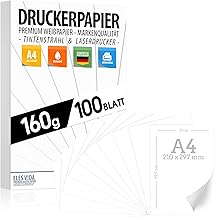 100 BLATT weißes Druckerpapier 160g/m² – PREMIUM PAPIER Reinweiß - DIN A4-21 x 29,7 cm - Druckerpapier Weiss unbedruckt für Fotografie, Präsentationen, Basteln, Bewerbungspapier - Made in Germany