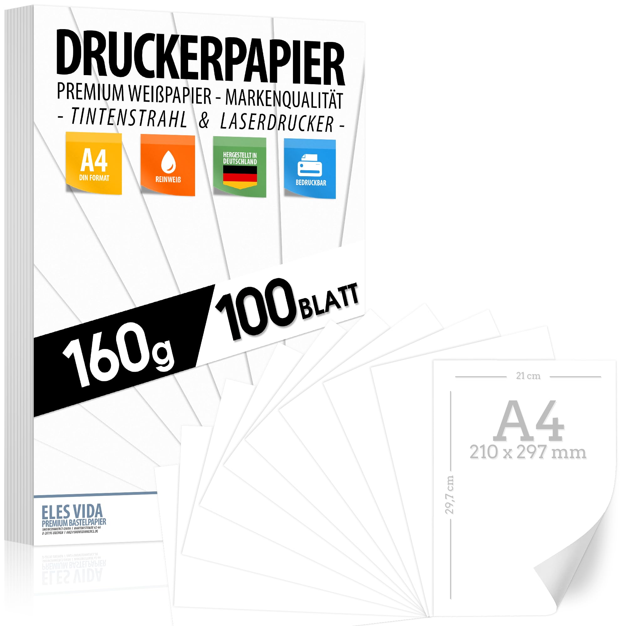 100 BLATT weißes Druckerpapier 160g/m² – PREMIUM PAPIER Reinweiß - DIN A4-21 x 29,7 cm - Druckerpapier Weiss unbedruckt für Fotografie, Präsentationen, Basteln, Bewerbungspapier - Made in Germany