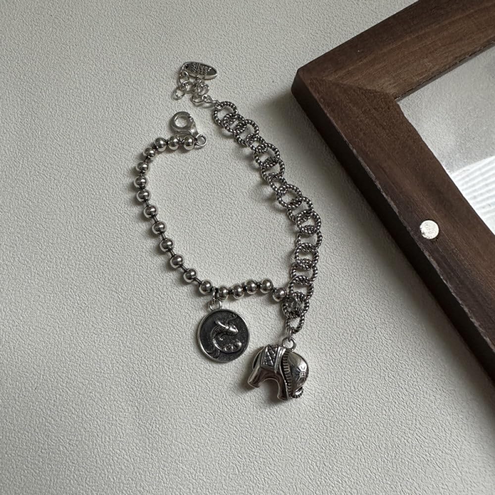 Armband Damen Silber,S925 Silber Armband Silber Elefant Anhänger Silber Perlen Spleißen Silber Armband Armreif Mit Verstellbarer Silberkette Glücksschmuck Für Frauen