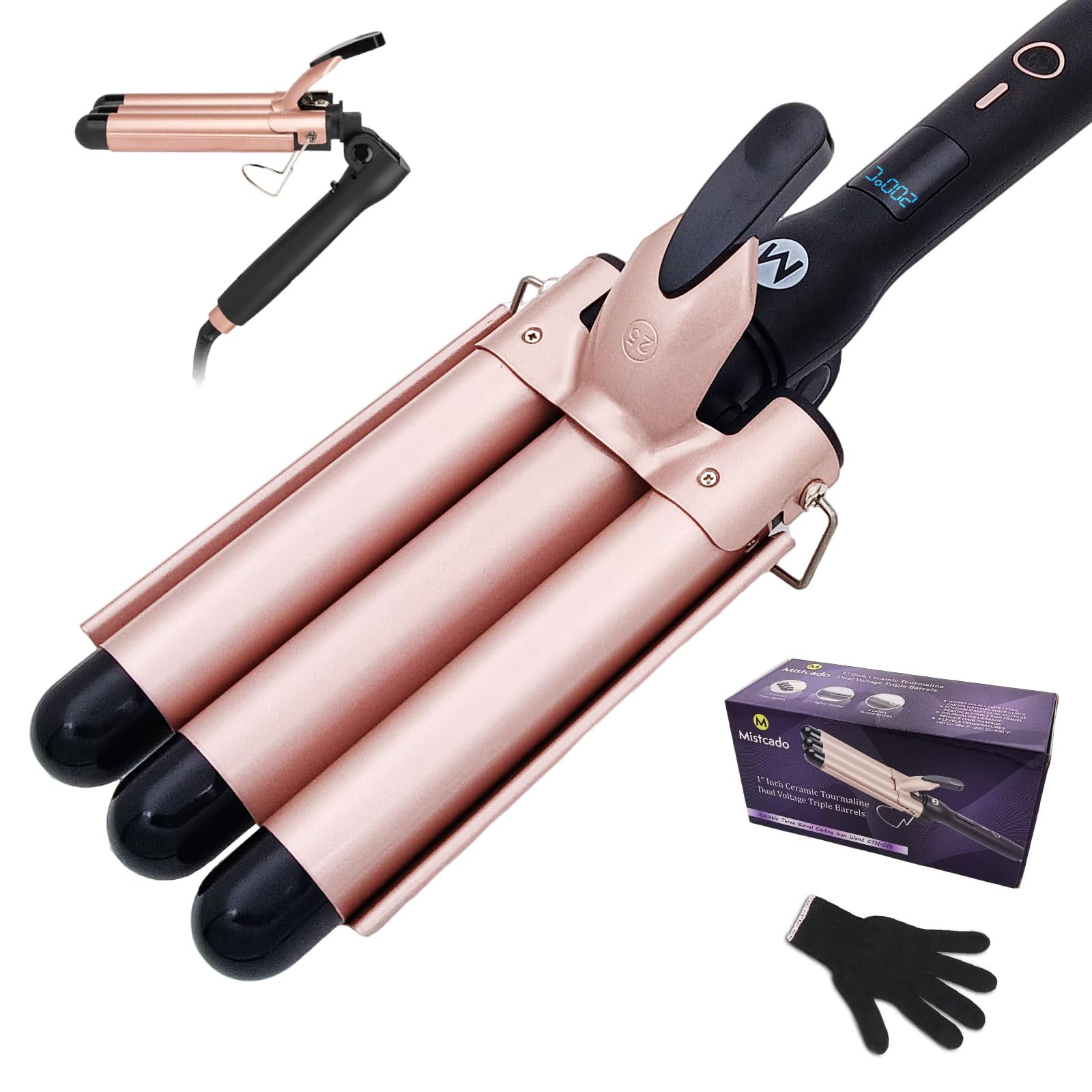 Rizador de pelo de tres barriles Mistcado, plancha de pelo ondulada de cerámica y turmalina de 25 mm con pantalla LCD para la temperatura, placa de flexión de calentamiento rápido y plegable