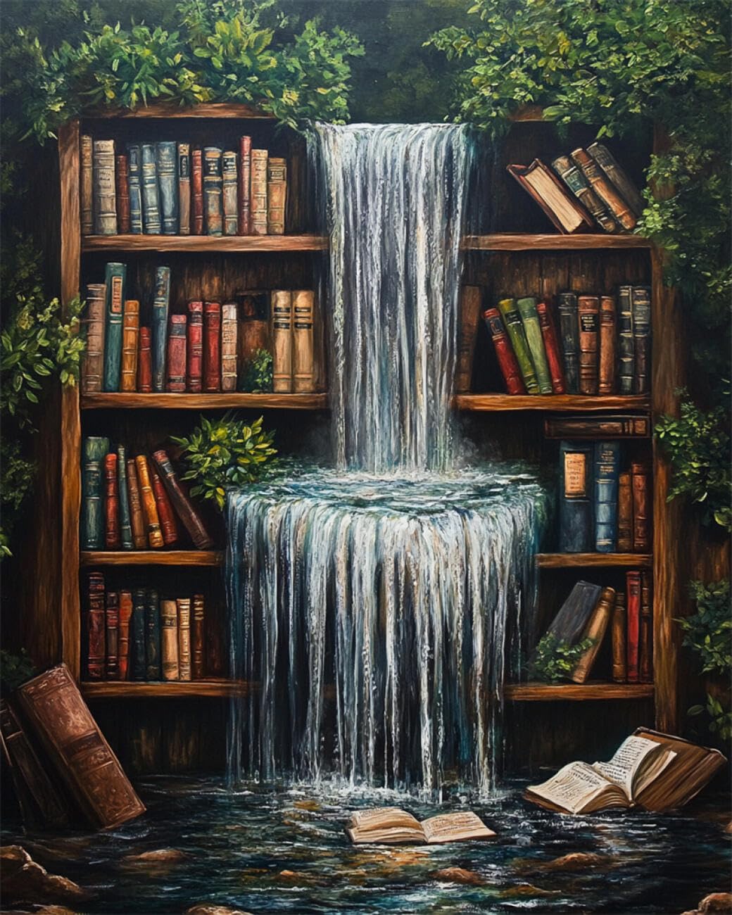 RKFLGEW DIY Embroidery Set Fantasy Waterfall Bookshelf 50x70cm
