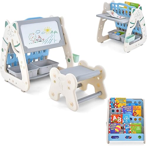 Miniatura 8 de GLACER Caballete de arte para niños 3 en 1 con taburete, pizarra magnética de borrado en seco de doble cara, estante para libros de varias capas, 2