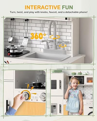 Miniatura 5 de Babytronic Juego de cocina de madera para niños, cocina interactiva con luces y sonidos, juego de cocina para niños con grifo, horno, microondas