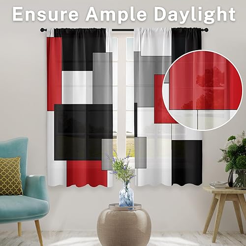 Vista 135 de Cortinas geométricas de cocina negras y grises de 63 pulgadas de largo, juego de 2, cortinas grises y blancas para dormitorio, sala de estar, Gris