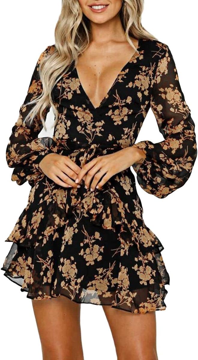 Womens Dresses Casual Floral Print Ruffles Wrap Dress Long Sleeve Swing Pleated Skater Mini Dress (Color : Yellow, Size :