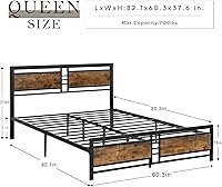 Vista 8 de Base de cama matrimonial con cabecera y estribo industriales, base de cama de plataforma resistente con almacenamiento debajo de la cama, base