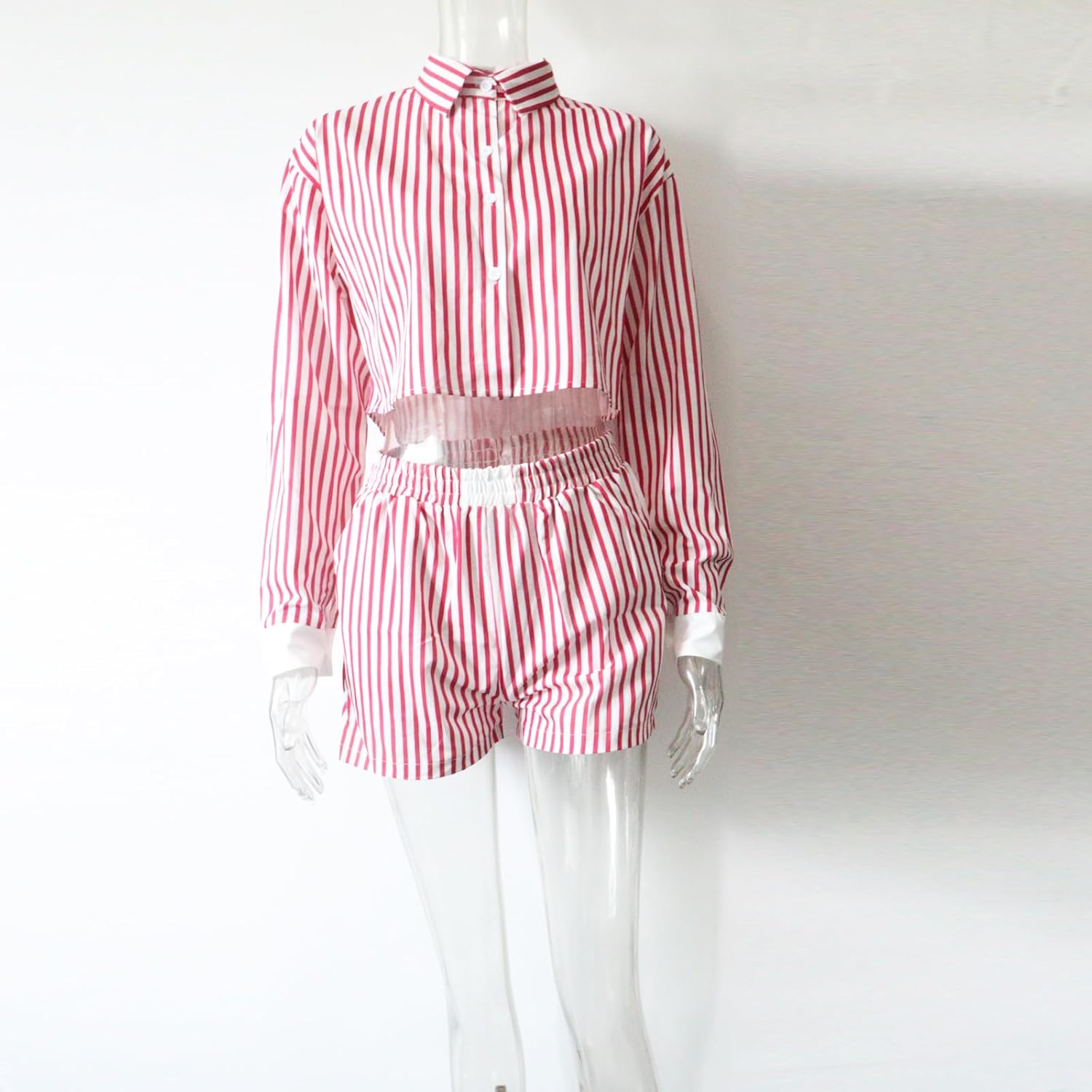 Striped Lounge Matching Set For Women Long Sleeve Shirt 2 Piece Pockets Shorts Sets Summer Outfits - Image 3