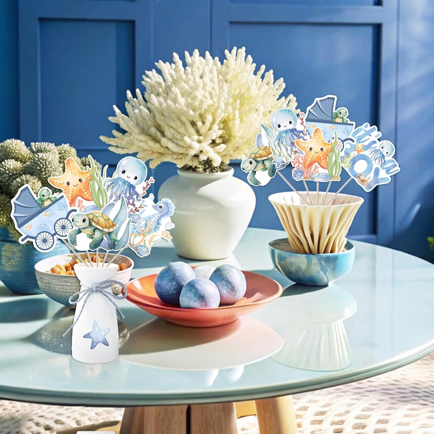 Jollyboom Under The Sea Baby Shower Decorations, 24pcs Under The Sea It's a Boy Table Centerpieces Sticks Ocean Sea Animal Theme Table Toppers for Under The Sea Baby Shower Gender Reveal Party
