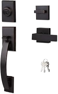 Ilyapa Front Entry Door Exterior Handleset - Modern Heavy Duty, Oil Rubbed Bronze Low Profile Door Lock Set Handle with Single Cylinder Deadbolt and Halifax Lever, Matte Black
