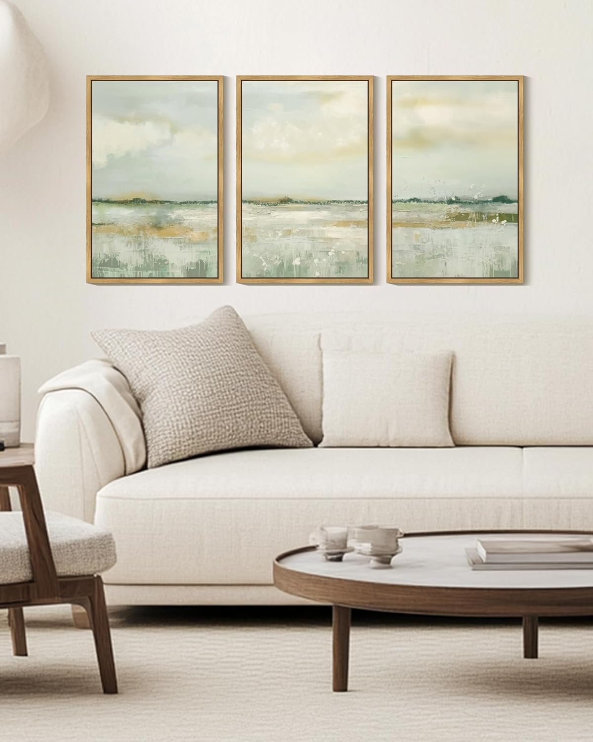 KUVIOKE Abstract Landscape Framed Canvas Wall Art Tan Green Pastel Wall Decor Modern Illustration Art Painting Nordic Calm for Livingroom Bedoom 16x24in (Natural Framed)