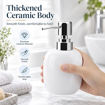 Ceramic Soap Dispenser 360ml White Oval for Bathroom Kitchen Sink