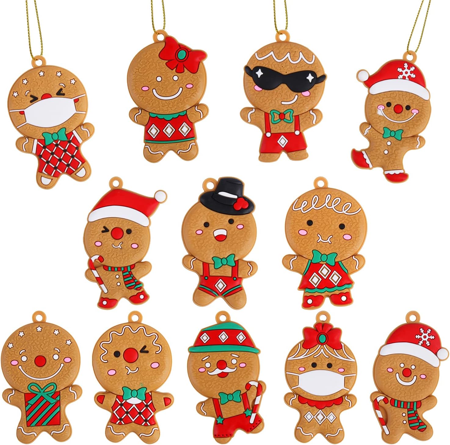 SULOLI 12PCS Christmas Gingerbread Ornaments Set Ginger Man with Strings Figurine Hanging Ornaments for Xmas Tree Festive Season Holiday Party Decoration DIY Craft