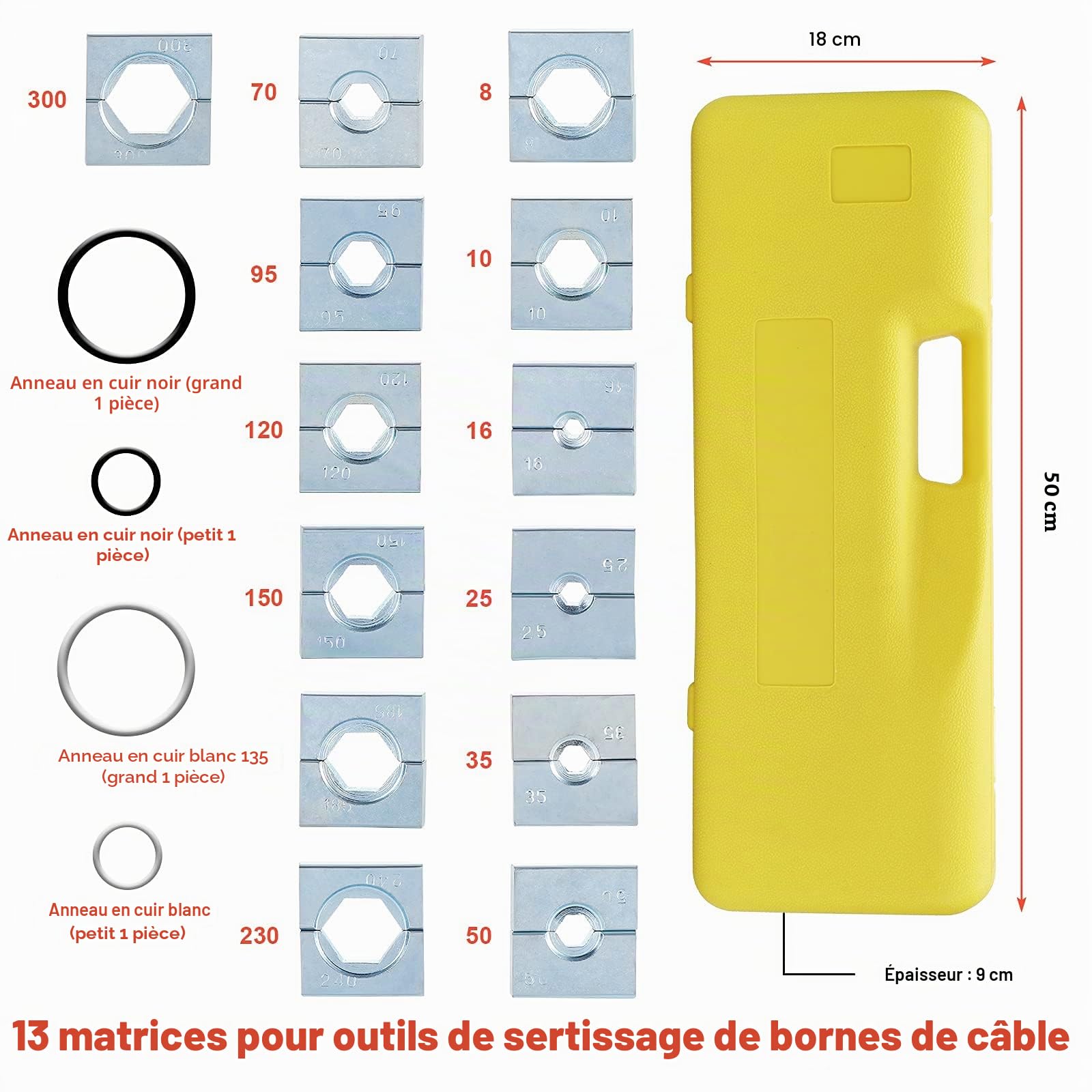 Gueenky 16 Tonnes Pince Hydraulique Manuel Coffret, 8-300 mm² Pince à Sertir Hydraulique Outil de Sertissage Hydraulique avec 13 Paires Matrices Pour Sertir Les Cosses de Câbles