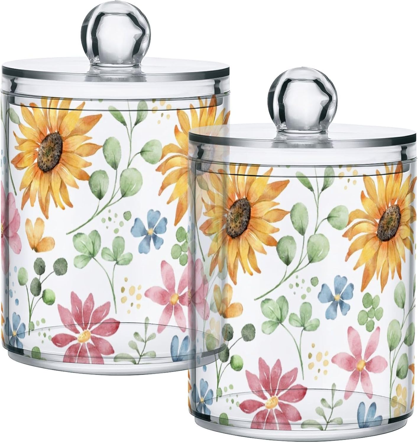 2 Pack Sunflower Qtip Holder Apothecary Jars with Lids, Clear Apothecary Jar Food Storage Container for Tea, Coffee, Cotton Balls, Dental Floss