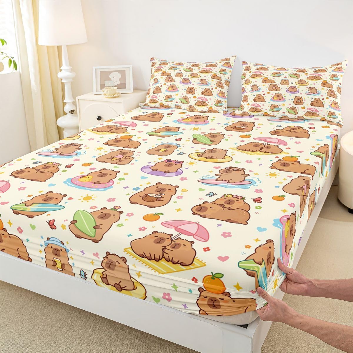 Erosebridal Cute Capybaras Full Bed Sheets for Kids Boys Girls Funny Rodent Animals Fitted Sheet, Summer Surfing Theme Bedding Sets 3 Pieces