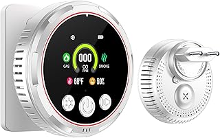 Plug-in 5-w-1 Wykrywacz Czujnik Dymu Tlenku Węgla Kombinacja Detektora Gazu, z Akumulatorem 1000mAh, ekran HD 2.1'' [CO Monitor temp wilgotności gazu dymu] dla Domowego, Biały, HD13-CGS