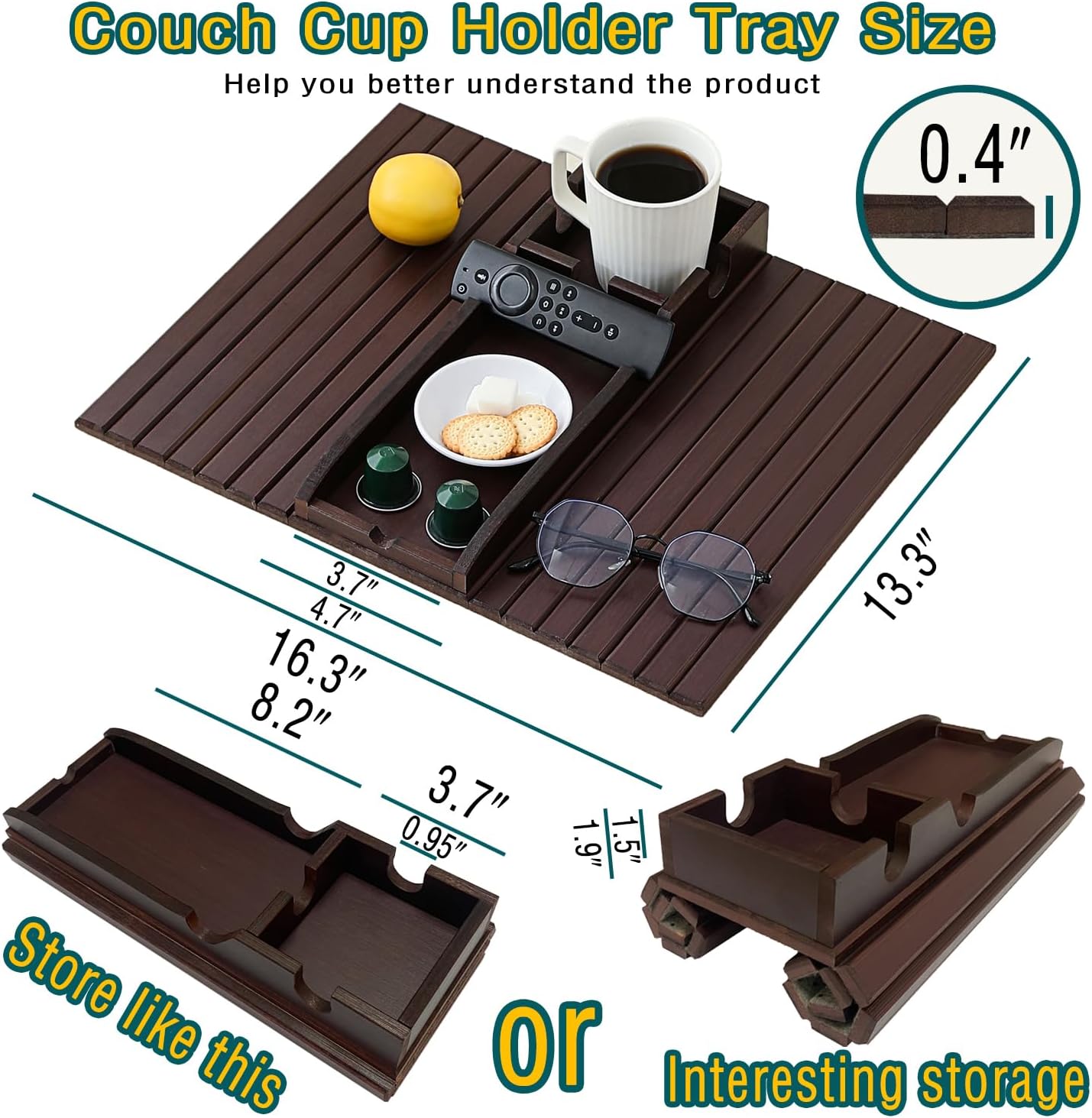 Bamboo Couch Cup Holder Arm Tray Table，Foldable Couch Drink Holder Armrest Table，Sofa Arm Rest Tray，Flexible Arm Chair Table Recliners for Drink,Cups, Snacks, Phone, Remote (Mahogany)